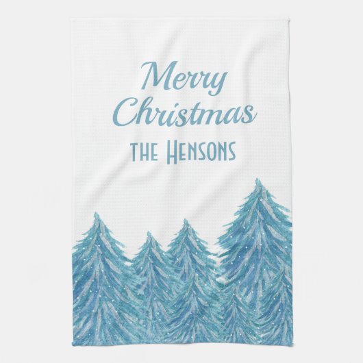 Blue Winter Forest Tree Aquarell Weihnachtskite Geschirrtuch (Vertikal)