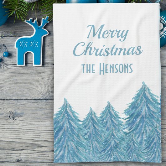 Blue Winter Forest Tree Aquarell Weihnachtskite Geschirrtuch