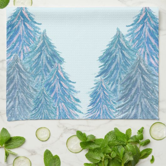 Blue Winter Forest Tree Wasserfarbe Weihnachten Geschirrtuch (Gefaltet)