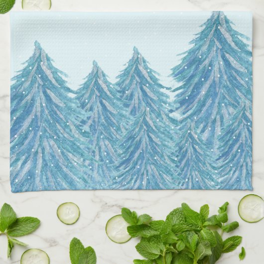Blue Winter Forest Tree Wasserfarbe Weihnachten Geschirrtuch (Gefaltet)