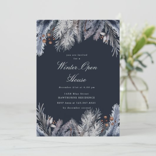 Blue Winter Greenery Winter Open House Einladung (Stehend Vorderseite)