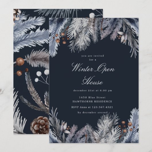 Blue Winter Greenery Winter Open House Einladung (Vorne/Hinten)