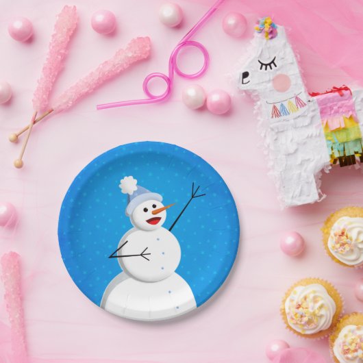 Blue Winter Happy Snowman Pappteller (Party)