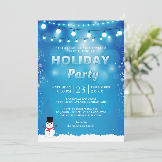 Blue Winter Holiday Party Strandlampen Schneeflock Einladung (Stehend Vorderseite)