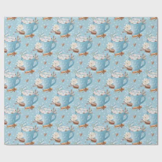 Blue Winter Hot Cocoa & Macaron Pattern Geschenkpapier (Flach)