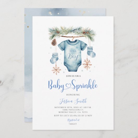 Blue Winter It's A Boy Baby Clothes Baby Sprinkle Einladung (Vorne/Hinten)