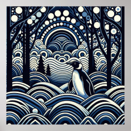 Blue Winter Midnight King Pinguin Abstrakt Forest Poster