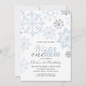 Blue Winter Onederland 1st Birthday Snowflake Einladung (Vorderseite)