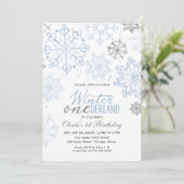Blue Winter Onederland 1st Birthday Snowflake Einladung (Stehend Vorderseite)