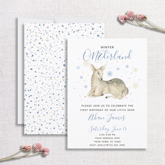 Blue Winter ONEderland Deer Baby's 1. Geburtstag Einladung