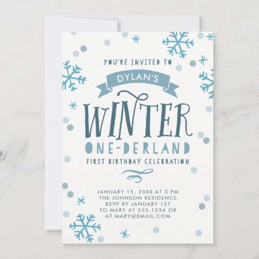 Blue Winter Onederland First Birthday Party Einladung (Vorderseite)