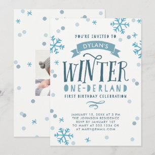 Blue Winter Onederland First Birthday Party Einladung