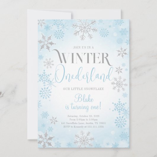 Blue Winter Onederland Geburtstagsparty Einladung (Vorderseite)