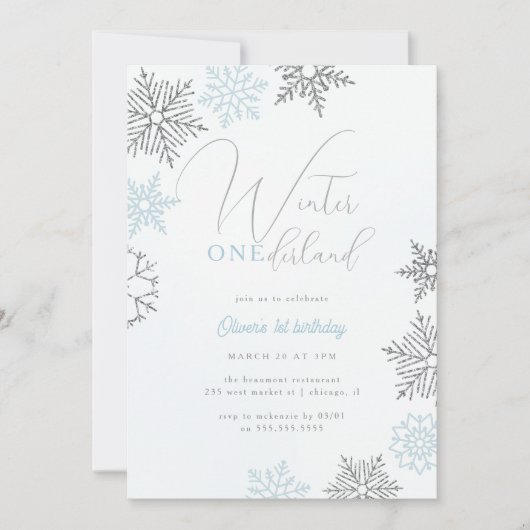 Blue Winter Onederland Silver Glitzer 1. Geburtsta Einladung (Vorderseite)