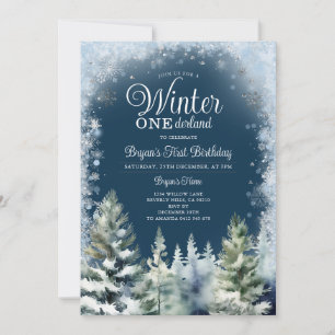 Blue Winter Onederland Silver Snowflakes Geburtsta Einladung