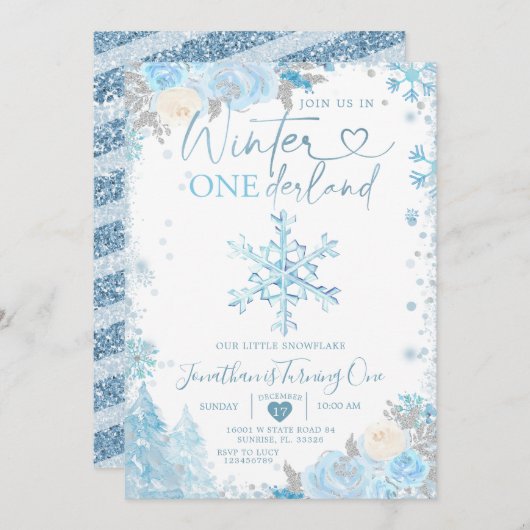 Blue Winter Onederland Snowflake 1. Geburtstag Inv Einladung (Vorne/Hinten)