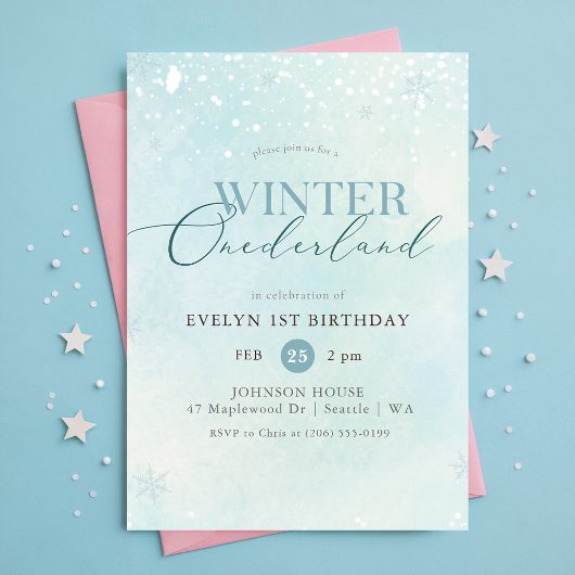 Blue Winter Onederland Snowflake First Birthday Einladung