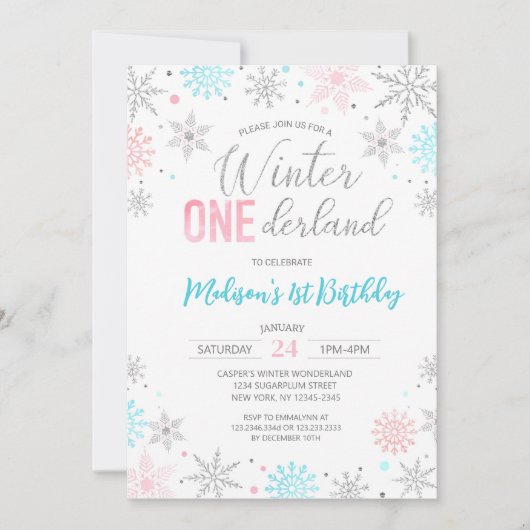 Blue Winter Onederland Snowflakes erste Geburtstag Einladung (Vorderseite)