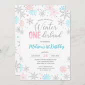 Blue Winter Onederland Snowflakes erste Geburtstag Einladung (Vorne/Hinten)