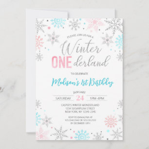 Blue Winter Onederland Snowflakes erste Geburtstag Einladung