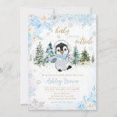 Blue Winter Penguin Baby Dusche Einladung (Vorderseite)