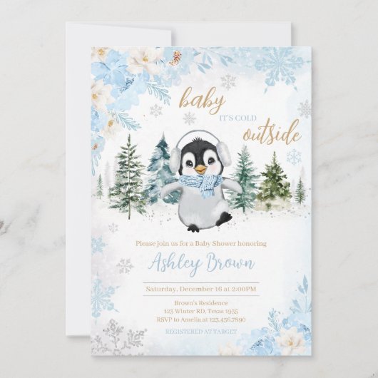 Blue Winter Penguin Baby Dusche Einladung (Vorderseite)