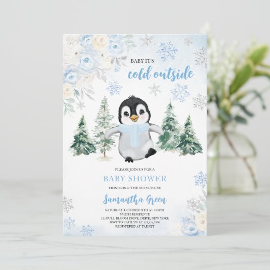 Blue Winter Penguin Baby Dusche Einladung (Stehend Vorderseite)