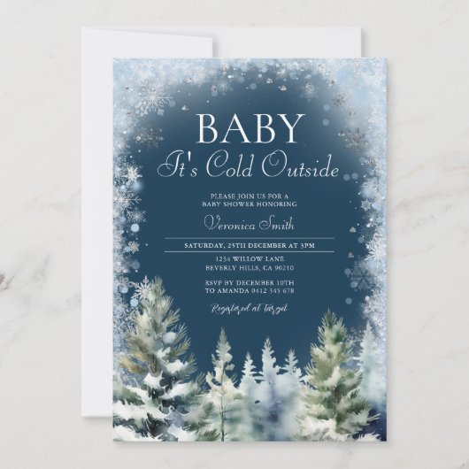 Blue Winter Pine Tree Baby Showflakes Einladung (Vorderseite)