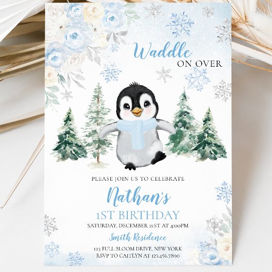 Blue Winter Pinguin Geburtstagsparty Einladung