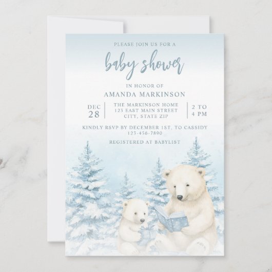 Blue Winter Polar Bear Watercolor Babydusche Einladung (Vorderseite)