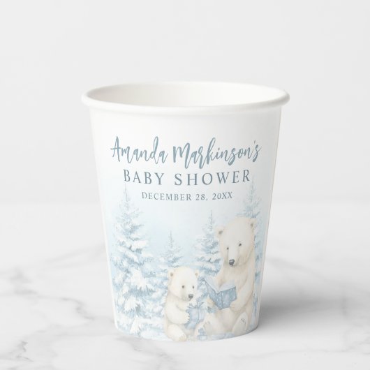 Blue Winter Polar Bear Watercolor Babydusche Pappbecher (Rückseite)