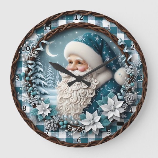 Blue Winter Santa Poinsettia Große Wanduhr (Vorderseite)