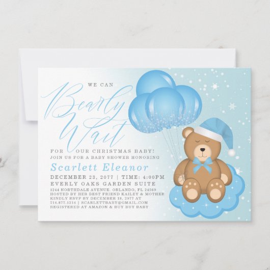 Blue Winter Sleepy Bären Balloons Boy Baby Dusche Einladung (Vorderseite)
