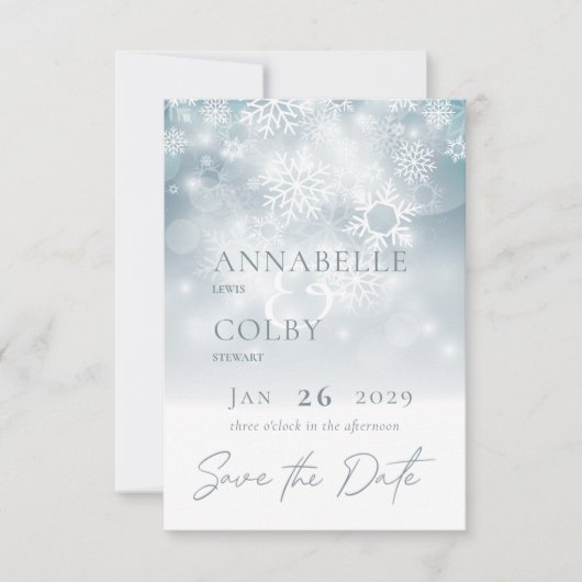 Blue Winter Snow Modern Wedding Save The Date (Vorderseite)