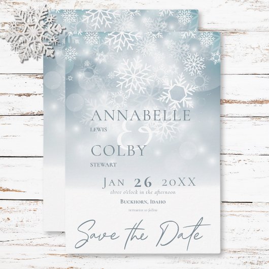 Blue Winter Snow Modern Wedding Save The Date