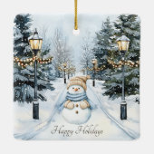 Blue Winter Snow Watercolor Snowman Happy Holidays Keramikornament (Rückseite)