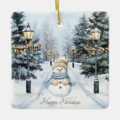 Blue Winter Snow Watercolor Snowman Happy Holidays Keramikornament (Vorderseite)