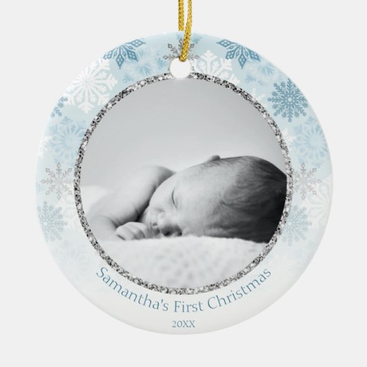 Blue Winter Snowflake Baby's First Christmas Keramik Ornament (Vorne)