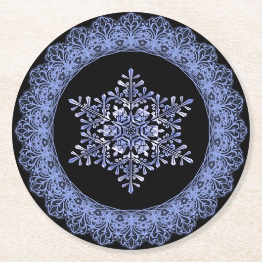 Blue Winter Snowflake Lace Edge Runder Pappuntersetzer (Vorderseite)