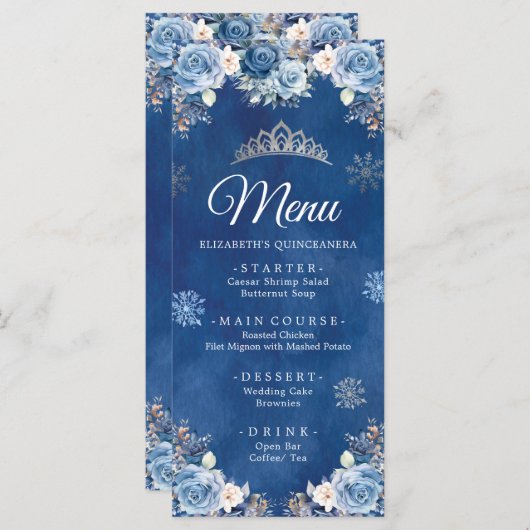 Blue Winter Snowflake Mis Quince Menükarte (Vorne/Hinten)