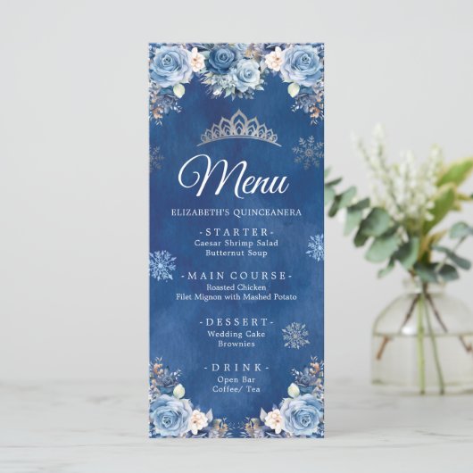 Blue Winter Snowflake Mis Quince Menükarte (Stehend Vorderseite)