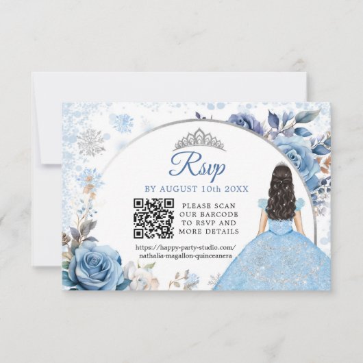 Blue Winter Snowflake Mis Quince QR Code UAWG RSVP Karte (Vorderseite)