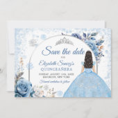 Blue Winter Snowflake Mis Quince Save the Date Einladung (Vorderseite)