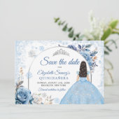 Blue Winter Snowflake Mis Quince Save the Date Einladung (Stehend Vorderseite)