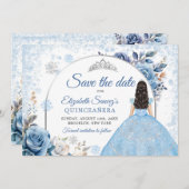 Blue Winter Snowflake Mis Quince Save the Date Einladung (Vorne/Hinten)