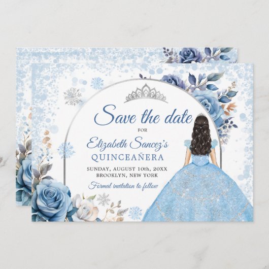 Blue Winter Snowflake Mis Quince Save the Date Einladung (Vorne/Hinten)