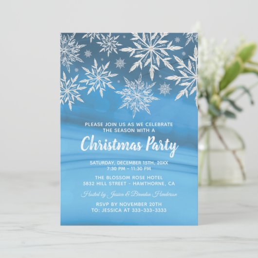 Blue Winter Snowflakes Weihnachtsfeier Einladung (Stehend Vorderseite)
