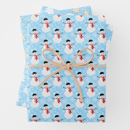 Blue Winter Snowman und Weihnachtsbaum Geschenkpapier Set (Beispiel)