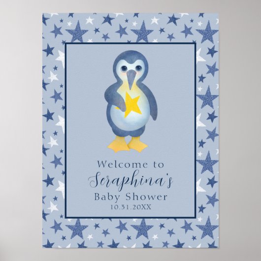 Blue Winter Star Pinguin Baby Dusche Willkommen Poster (Vorne)