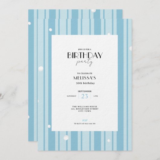 Blue Winter Stripes Pattern - 30th Birthday Einladung (Vorne/Hinten)